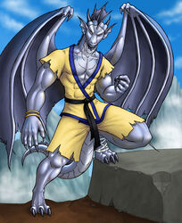 3_toes 5_fingers abs anthro barefoot belt biped claws clothed clothing day digitigrade dragon ear_fins evion feet fin fingers foot_wraps front_view fully_clothed grey_body grey_skin head_fin horn joren keikogi looking_at_viewer male martial_arts_uniform membrane_(anatomy) membranous_wings muscular muscular_anthro muscular_male mythological_creature mythological_scalie mythology outside scalie sky solo sportswear step_pose tail toes wings wraps