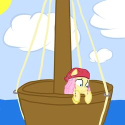 1:1 bandana blue_eyes braided_hair clothing cloud crow&#039;s_nest equid equine female feral fluttershy_(mlp) friendship_is_magic hair hasbro hat headgear headwear horse jewelry kerchief mammal my_little_pony outside pink_hair pirate pony rope scared sky solo sun tanmansmantan water yellow_body