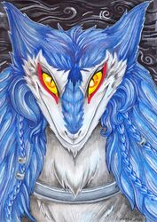 amber_eyes anthro blue_body blue_fur bust_portrait collar fur grin looking_at_viewer male mammal markus_(dowantanaccount) portrait sergal smile smoke solo zvynuota