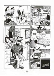 aiden_harris anthro canid canine closet_coon colin_young comic dialogue dreke english_text fox greyscale male mammal monochrome procyonid raccoon tail text