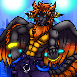 1:1 abs anthro barrin84 blue_eyes bottomwear bracelet clothing collar dragon ear_piercing feathered_dragon feathered_scalie feathered_wings feathers fur furred_dragon furred_scalie glowstick grin hi_res horn jewelry male mythological_creature mythological_scalie mythology northern_dragon pants piercing sandalf scalie smile solo tail wings yellow_horn