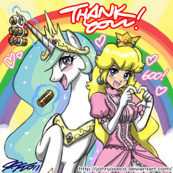 1:1 2011 alicorn best_princess blonde_hair blue_eyes blush can container crossover crown duo english_text equid equine feathered_wings feathers female feral friendship_is_magic gesture hair hand_heart hasbro headgear heart_symbol horn human john_joseco mammal mario_bros multicolored_hair multicolored_tail my_little_pony mythological_creature mythological_equine mythology nintendo princess princess_celestia_(mlp) princess_peach purple_eyes royalty signature smile tail text tiara white_body white_feathers wings