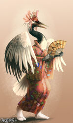 anthro asian_clothing avian beak biped bird clothed clothing crane_(bird) dancing east_asian_clothing eurofurence feathers female geisha gruiform grus_(genus) hand_fan holding_object japanese japanese_clothing kimono nathradas red-crowned_crane simple_background solo standing tail tail_feathers