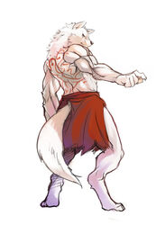 anthro bottomwear canid canine canis clothed clothing fur gesture hand_gesture kogawa_kenji looking_at_viewer male mammal muscular muscular_anthro muscular_male pointing simple_background skirt solo tail tattoo topless white_background white_body white_fur wolf