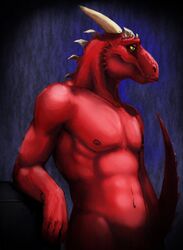 abs anthro argonian biceps big_muscles biped brun_(brunalli) brunalli digital_media_(artwork) dragon green_eyes half-length_portrait hi_res male microsoft muscular muscular_anthro muscular_male mythological_creature mythological_scalie mythology nipples nude pecs portrait pose red_body reddyeno5 scales scalie smile solo standing tail the_elder_scrolls vein yellow_sclera