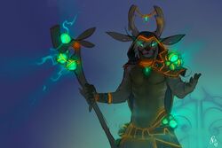 anthro antlers dark deer divio hood_up horn looking_at_viewer magic magic_user male mammal melee_weapon new_world_deer patto polearm reindeer shaman solo staff stripes tribal_spellcaster weapon