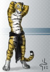 2010 anthro biped bottomwear clothed clothing covering covering_self felid front_view fur green_eyes hands_behind_head hi_res hufnaar leg_markings loincloth looking_at_viewer male mammal markings nude pantherine pose scarf socks_(marking) solo standing stripes tail tiger topless ulbrek whiskers yellow_body yellow_fur