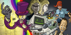 :3 alice_(superjail!) ambiguous_gender artrix bow_(feature) bow_tie chainsaw clothing eyebrows eyewear facial_hair female glasses group hat headgear headwear heart_symbol humanoid jailbot jared_(superjail!) male moustache not_furry power_tool rainbow rainbow_arch sibling_(lore) superjail! the_twins_(superjail!) the_warden theartrix tools top_hat unibrow