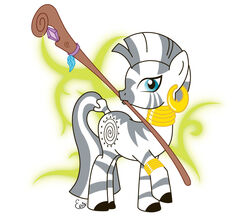 2011 blue_eyes cutie_mark ear_piercing elm-chan equid equine female feral friendship_is_magic grey_body grey_hair hair hasbro jewelry magic mammal melee_weapon mouth_hold my_little_pony piercing polearm quadruped solo staff stripes tail weapon white_body white_hair zebra zecora_(mlp)