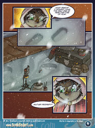 anthro bonk canid canine cape cloak clothed clothing comic container crossdressing cup dialogue digital_media_(artwork) english_text femboy footprints forest fox gathering_wood green_eyes hooded_cape hooded_cloak kipfox male mammal military outside pink_cape pink_cloak pink_clothing plant snow solo text tree winter