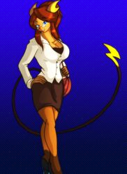 anthro anthrofied big_breasts biped blue_eyes bottomwear breasts brown_hair cleavage clothed clothing digital_media_(artwork) eluna_odis eyebrows eyelashes eyewear female footwear fur generation_1_pokemon glasses hair half-closed_eyes hand_on_hip high_heels looking_at_viewer mammal narrowed_eyes nintendo open_mouth orange_body orange_fur pokemon pokemon_(species) pokemorph purse rachel_chu raichu rodent shirt shoes skirt solo standing tail teeth topwear toughset uniform