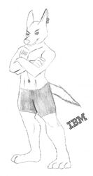 abs alexei anthro anubian_jackal barcode canid canine canis hi_res ibm jackal looking_at_viewer male mammal monochrome pose simple_background solo tail unknown_artist white_background