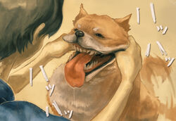 bodily_fluids canid canine canis domestic_dog duo feral finger_fetish finger_in_mouth finger_play fingers fish_hooking human japanese_text male mammal saliva sharp_teeth simple_background spread_mouth spreading teeth text tongue tongue_out what xiaoyu