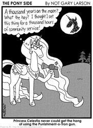 2011 alicorn crossover cutie_mark duo english_text equid equine feathered_wings feathers female feral friendship_is_magic gun hasbro horn humor kinkyturtle mammal monochrome moon my_little_pony mythological_creature mythological_equine mythology nightmare_moon_(mlp) parody princess_celestia_(mlp) quadruped ranged_weapon silhouette solo_focus tail text the_far_side unicorn weapon what_has_science_done wings