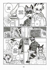 aiden_harris anthro bed canid canine closet_coon colin_young comic dialogue dreke english_text food fox furniture greyscale male mammal monochrome procyonid raccoon tail text