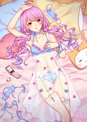  ang_(6107939) artist_name bare_shoulders blue_bra blue_panties blue_ribbon blush bra breasts cellphone collarbone commentary_request female floral_print highres long_hair lying navel on_back original panties phone pillow pink_hair red_eyes ribbon see-through small_breasts smile solo underwear wavy_hair 