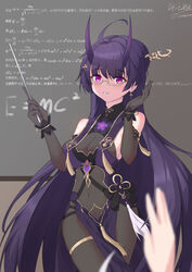  absurdres ahoge bare_shoulders black_gloves blurry blurry_foreground breasts chalkboard china_dress chinese_clothes chinese_commentary cleavage commentary diaoyidimaomao dress earrings elbow_gloves female glasses gloves hair_between_eyes hair_ornament highres holding honkai_(series) honkai_impact_3rd horns indoors jewelry long_hair looking_at_viewer math official_alternate_costume parted_lips physics pointer purple_eyes purple_hair raiden_mei raiden_mei_(herrscher_of_thunder) raiden_mei_(rainy_springtide)_(honkai_impact) red_pupils semi-rimless_eyewear teacher under-rim_eyewear 