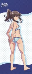  absurdres arms_behind_back ass back bare_legs bead_bracelet beads bikini blue_bikini blush bracelet breasts brown_eyes brown_hair closed_mouth feet female harukana_receive higa_kanata highres jewelry legs looking_at_viewer looking_back medium_hair official_art photoshop_(medium) pointing pointing_down polka_dot polka_dot_background ponytail simple_background small_breasts smile solo standing swimsuit 