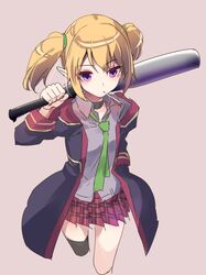  baseball_bat black_coat blonde_hair brown_background candy chloe_(princess_connect!) choker coat collared_shirt elf female food green_necktie grey_shirt hand_in_pocket holding lollipop medium_hair necktie plaid plaid_skirt pleated_skirt pointy_ears princess_connect! purple_eyes red_skirt school_uniform shirt sidelocks skirt solo st._theresa&#039;s_girls_academy_school_uniform tenrai thighhighs twintails untucked_shirt 