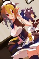  2girls absurdres alternate_costume animal_ear_fluff animal_ears apron black_gloves black_legwear blonde_hair breasts cleavage commentary disgaea enmaided gloves highres large_breasts long_hair looking_at_viewer maid maid_apron maid_headdress makai_senki_disgaea makai_senki_disgaea_3 multiple_girls nanozenzen pointy_ears red_eyes rutile_(disgaea) salvatore_(disgaea) smile thighhighs very_long_hair yellow_eyes 