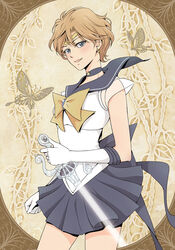  back_bow bishoujo_senshi_sailor_moon blue_bow blue_eyes blue_neckwear blue_sailor_collar blue_skirt bow brooch brown_background brown_hair choker circlet cowboy_shot earrings elbow_gloves female gloves holding holding_sword holding_weapon jewelry left-handed looking_at_viewer magical_girl open_mouth pleated_skirt reverse_grip sailor_collar sailor_senshi_uniform sailor_uranus short_hair skirt smile solo space_sword standing star_(symbol) star_choker super_sailor_uranus sword ten&#039;ou_haruka very_short_hair weapon white_gloves xiuren yellow_bow 