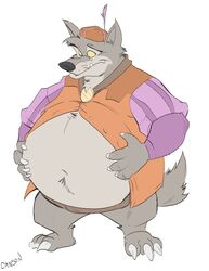  2020 absurd_res anthro belly belt big_belly canid canine canis canson claws clothing disney fangs fur grey_body grey_fur hands_on_belly hat headgear headwear hi_res jewelry male mammal navel overweight overweight_anthro overweight_male plantigrade robin_hood_(disney) sheriff sheriff_of_nottingham shirt solo teeth topwear unbuttoned_shirt wolf 