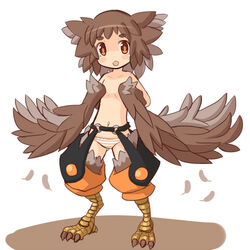  bird_legs blush_stickers brown_feathers brown_hair chestnut_mouth commentary_request feathered_wings feathers female garoudo_(kadouhan&#039;i) harpy monster_girl navel open_mouth orange_eyes orange_panties original panties short_hair solo striped_clothes striped_panties talons thick_eyebrows topless underwear winged_arms wings 