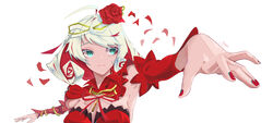  846062828 absurdres ahoge anna_schneider arms_up artist_name bad_id bad_pixiv_id chinese_commentary commentary crown_of_thorns destiny_(takt_op.) detached_sleeves dress female flower green_eyes hair_flower hair_ornament highres petals red_dress red_nails red_ribbon ribbon rose rose_petals short_hair signature simple_background solo takt_op. upper_body white_background 