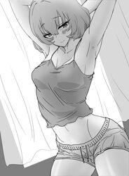  armpits arms_behind_head arms_up blush bob_cut breasts camisole collarbone crop_top curtains female greyscale idolmaster idolmaster_cinderella_girls indoors looking_at_viewer midriff mole mole_under_eye monochrome navel nishino_hikoji short_shorts shorts smile solo takagaki_kaede 