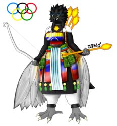  2019 4_toes 5_fingers absurd_res anthro asian_clothing avian beak big_breasts biped bird black_beak black_body black_feathers bow_(weapon) breasts claws clothed clothing curvy_figure digital_drawing_(artwork) digital_media_(artwork) dual_holding east_asian_clothing feathered_wings feathers feet female fingers flag flag_clothing flag_print fringe_trim full-length_portrait grey_body grey_feathers hi_res holding_arrow holding_bow_(weapon) holding_object holding_ranged_weapon holding_weapon icterid japanese_clothing jose-497 latina miranda_marcano new_world_oriole non-mammal_breasts olympics orange_body orange_feathers oscine passerine portrait print_clothing range_weapon ranged_weapon samurai signature simple_background smile solo standing tail tail_feathers tassels thick_thighs toe_claws toes venezuela venezuelan_flag venezuelan_troupial voluptuous warrior weapon white_background white_body white_feathers wide_hips winged_arms wings yellow_body yellow_eyes yellow_feathers 