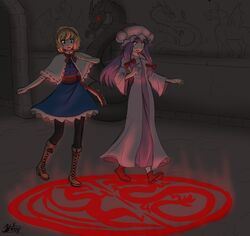  2018 alice_margatroid anthro_transformation blonde_hair boots clothing detailed_background dress duo female footwear gloves hair handwear hat headgear headwear hi_res human human_only inside magic mammal not_furry open_mouth patchouli_knowledge purple_hair ribbons sculpture short_hair statue surprise thatweirdguyjosh touhou walking 