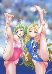  2girls :d ahoge alternate_costume armpits ass bare_legs barefoot blue_one-piece_swimsuit braid breasts closed_mouth cowboy_shot fire_emblem fire_emblem_awakening green_hair heads_together holding_hands kneepits leotard long_hair looking_at_viewer mother_and_daughter multiple_girls nah_(fire_emblem) nowi_(fire_emblem) nzz one-piece_swimsuit open_mouth pink_leotard pink_one-piece_swimsuit pointy_ears shoulder-to-shoulder small_breasts smile split standing standing_on_one_leg standing_split swimsuit twin_braids 