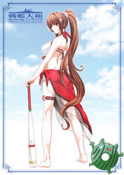  ass bare_shoulders barefoot baseball_bat battleship bikini bikini_day blue_sky breasts brown_eyes brown_hair butt_crack character_name cherry_blossoms cloud dimples_of_venus enemy_lifebuoy_(kancolle) female from_behind halterneck historical_name_connection holding holding_baseball_bat kantai_collection large_breasts long_hair looking_at_viewer looking_back median_furrow military military_vehicle name_connection object_namesake photoshop_(medium) ponytail red_sarong sarong see-through ship shizuki_michiru shoulder_blades sky smile smokestack suikawari sweatdrop swimsuit thigh_strap turret warship watercraft yamato_(battleship) yamato_(kancolle) 