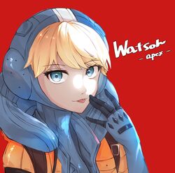  animification apex_legends blonde_hair blue_bodysuit blue_eyes blue_gloves bodysuit character_name copyright_name female gloves highres hood hood_up hooded_bodysuit jacket looking_at_viewer open_hand orange_jacket red_background ribbed_bodysuit solo tmt.tem tongue tongue_out upper_body wattson_(apex_legends) 