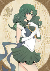  back_bow bishoujo_senshi_sailor_moon blue_bow bow brown_background choker closed_mouth cowboy_shot deep_aqua_mirror elbow_gloves female gloves green_eyes green_hair green_neckwear green_sailor_collar green_skirt holding holding_mirror kaiou_michiru long_hair looking_at_viewer magical_girl mirror pleated_skirt sailor_collar sailor_neptune sailor_senshi_uniform skirt smile solo standing super_sailor_neptune wavy_hair white_gloves xiuren 