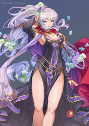  alternate_costume breasts cleavage collar conope female fire_emblem fire_emblem:_genealogy_of_the_holy_war fire_emblem_heroes flower hair_flower hair_ornament ishtar_(fire_emblem) ishtar_(fire_emblem)_(echoing_thunder) legs long_hair official_alternate_costume purple_eyes 