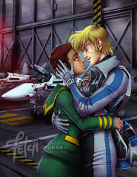  1980s_(style) 1boy 2018 aircraft airplane alternate_universe blonde_hair brown_hair canopy_(aircraft) choujikuu_yousai_macross claudia_lasalle couple curly_hair dark-skinned_female dark_skin dated deviantart_username energy_cannon english_commentary female fighter_jet franciscoetchart gloves good_end hangar helmet highres hug imminent_kiss interracial jet jolly_roger jumpsuit lips looking_at_another macross military military_uniform military_vehicle mullet official_art pilot pilot_suit promotional_art retro_artstyle robotech roundel roy_focker science_fiction sdf-1 sideburns sign signature skirt spacecraft_interior spacesuit straight u.n._spacy uniform unworn_headwear unworn_helmet variable_fighter vf-1 vf-1j vf-1s warning_sign 