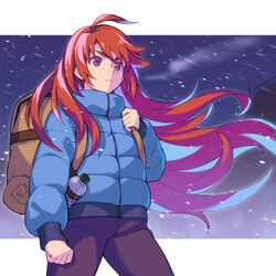  ahoge backpack bag blue_jacket bottle celeste_(video_game) clenched_hand coat degarashi_(ponkotsu) down_jacket female floating_hair hair_over_shoulder holding_strap jacket long_hair long_sleeves madeline_(celeste) outdoors pants red_eyes sky snowing solo thick_eyebrows very_long_hair water_bottle wind 