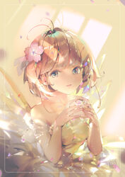  antenna_hair artist_name bare_shoulders breasts brown_dress brown_hair cardcaptor_sakura collarbone commentary crab_d dress female fingers_together flower grey_eyes hair_flower hair_intakes hair_ornament hands_up kinomoto_sakura looking_at_viewer medium_breasts parted_lips pink_flower see-through short_hair solo symbol-only_commentary white_wings wings 