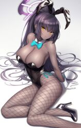  animal_ears armpits azure-maya bare_shoulders black_hair black_leotard blue_archive blue_bow bow bowtie breasts cleavage closed_mouth commentary dark-skinned_female dark_skin detached_collar earrings female fishnet_pantyhose fishnets gloves high_heels high_ponytail highres jewelry karin_(blue_archive) karin_(bunny)_(blue_archive) large_breasts leotard long_hair looking_at_viewer official_alternate_costume pantyhose playboy_bunny rabbit_ears rabbit_tail sidelocks solo strapless strapless_leotard tail traditional_bowtie very_long_hair white_background white_gloves wrist_cuffs yellow_eyes 