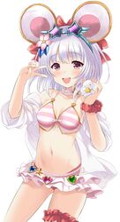  :d animal_ears bikini blush breasts bridal_garter brooch cheese contrapposto cowboy_shot female flower food granblue_fantasy grey_hair groin hair_flower hair_ornament hair_ribbon heart heart_brooch highres holding jewelry looking_at_viewer miniskirt mouse_(animal) mouse_ears navel off_shoulder official_alternate_costume open_clothes open_mouth open_shirt pink_flower red_eyes red_garter red_ribbon red_scrunchie ribbon scrunchie see-through shirt short_hair short_sleeves simple_background skirt small_breasts smile solo souryuu_(double_dragon) standing star-shaped_eyewear star_(symbol) striped_bikini striped_clothes sunglasses swimsuit v vikala_(blooming_summer_wallflower)_(granblue_fantasy) vikala_(granblue_fantasy) white_background white_shirt white_skirt 