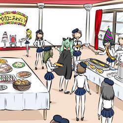  0_0 6+girls :d ? amaretto_(girls_und_panzer) anchovy_(girls_und_panzer) anger_vein anzio_school_uniform basket belt beret birthday birthday_cake birthday_sash black_belt black_cape black_hair black_headwear black_necktie black_ribbon black_skirt blonde_hair braid buffet cake cape carpaccio_(girls_und_panzer) character_name chef_hat cooking dress_shirt drill_hair food gelato_(girls_und_panzer) girls_und_panzer green_hair hair_ribbon half_updo hands_on_own_hips hat holding holding_plate holding_riding_crop holding_spatula indoors kogane_(staygold) loafers long_hair long_sleeves looking_at_another miniskirt multiple_girls necktie open_mouth panettone_(girls_und_panzer) pantyhose party_hat pepperoni_(girls_und_panzer) plate pleated_skirt pointing ribbon ricotta_(girls_und_panzer) riding_crop robiola_(girls_und_panzer) sash school_uniform seat shirt shoes short_hair side_braid skirt smile spatula sweatdrop table tilted_headwear translated twin_drills twintails white_headwear white_legwear white_shirt window wing_collar 