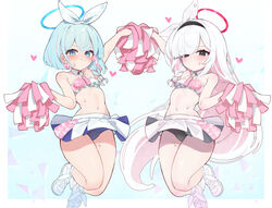  2girls absurdres arm_up arona_(blue_archive) asumi_maboroshi black_eyes black_hairband black_panties blue_archive blue_background blue_eyes blue_hair blue_halo blue_panties bow_hairband braid breasts cheerleader closed_mouth commentary_request crop_top detached_collar dot_mouth footwear_ribbon hair_ribbon hairband halo halterneck hand_up heart highres jumping light_blue_hair long_hair millennium_cheerleader_outfit_(blue_archive) multicolored_hair multiple_girls navel panties pink_hair pink_halo plana_(blue_archive) pleated_skirt pom_pom_(cheerleading) red_pupils ribbon shoes short_hair side_braid single_braid skirt small_breasts sneakers sports_bra sweat two-tone_hair two-tone_sports_bra underwear very_long_hair white_footwear white_hair white_hairband white_ribbon 