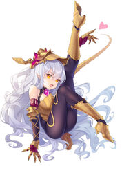  :d absurdres ass bad_id bad_pixiv_id bare_shoulders blush bodysuit elbow_gloves fangs female full_body gauntlets gloves granblue_fantasy hair_between_eyes headpiece heart high_heels highres leg_up long_hair looking_at_viewer may_(2747513627) medusa_(shingeki_no_bahamut) open_mouth orange_eyes pointy_ears shingeki_no_bahamut simple_background smile solo tail very_long_hair white_background 