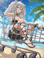  absurdres adapted_costume ahoge alternate_costume animal_ears arm_up armpits beach bikini bikini_top_only black_bikini black_nails blue_sky breasts choker cleavage cloud cloudy_sky commentary_request day fangs feet female foot_out_of_frame frilled_bikini frills fur-trimmed_shorts fur_trim grey_eyes grey_hair hair_between_eyes hand_up highres hololive in_shopping_cart jewelry knees_up large_breasts leg_ribbon legs lens_flare lion_ears lion_girl lion_tail long_hair looking_at_viewer md5_mismatch messy_hair nail_polish necklace open_mouth outdoors palm_tree resolution_mismatch ribbon sandals shishiro_botan shishiro_botan_(1st_costume) shopping_cart shorts sidelocks sitting sky solo source_larger swimsuit tail thigh_strap thighs toenail_polish toenails toes tree trials_rising two_side_up virtual_youtuber wajuniorbox 