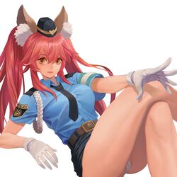  animal_ears belt black_necktie black_skirt blue_shirt blush breasts brown_belt brown_eyes closed_mouth collared_shirt eyebrows fate/extella fate/extella_link fate/extra fate_(series) female fox_ears fox_girl garrison_cap gloves hat heart highres hongcasso large_breasts long_hair looking_at_viewer necktie official_alternate_costume panties pantyshot pink_hair police police_uniform policewoman shirt short_sleeves skirt smile solo tamamo_(fate) tamamo_no_mae_(fate/extra) tamamo_no_mae_(police_fox)_(fate) twintails underwear uniform very_long_hair white_gloves white_panties 