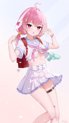  :o absurdres ahoge atsuishio backpack bag blue_sailor_collar breasts commentary_request crop_top feet_out_of_frame female flower hair_flower hair_ornament hairclip hands_up heart heart_ahoge highres indie_virtual_youtuber knees_together_feet_apart long_hair looking_at_viewer low_twintails neckerchief official_alternate_costume parted_lips pink_hair pink_neckerchief pleated_skirt rabbit_hair_ornament randoseru red_eyes sailor_collar school_uniform serafuku shirako_(vtuber) shirt short_sleeves skirt small_breasts solo star_(symbol) star_hair_ornament twintails underboob v virtual_youtuber white_flower white_serafuku white_shirt white_skirt 