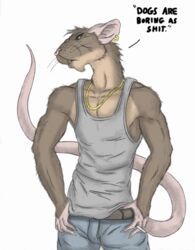  anthro bottomwear brown_body brown_fur cigarette clothing conditional_dnp denim denim_bottomwear denim_clothing ear_piercing ear_ring fur jeans male mammal murid murine pants piercing rat ring_piercing rodent shirt simple_background solo tank_top topwear whimsicalsquirrel white_background 