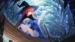  boat breasts cave cleavage commission commissioner_upload female gloves hair_over_one_eye hat highres naozi night original red_eyes red_hair scarlet_destiny scenery sitting smile solo watercraft white_gloves witch witch_hat 