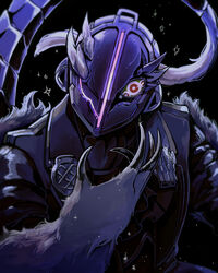  1boy akamtvahosi animal_hands ascot black_ascot black_background black_jacket bondrewd bright_pupils claws commentary_request damaged extra_pupils grey_fur hand_up helm helmet highres jacket looking_at_viewer made_in_abyss male_focus open_clothes open_jacket red_eyes solo spoilers tail upper_body whistle white_pupils 